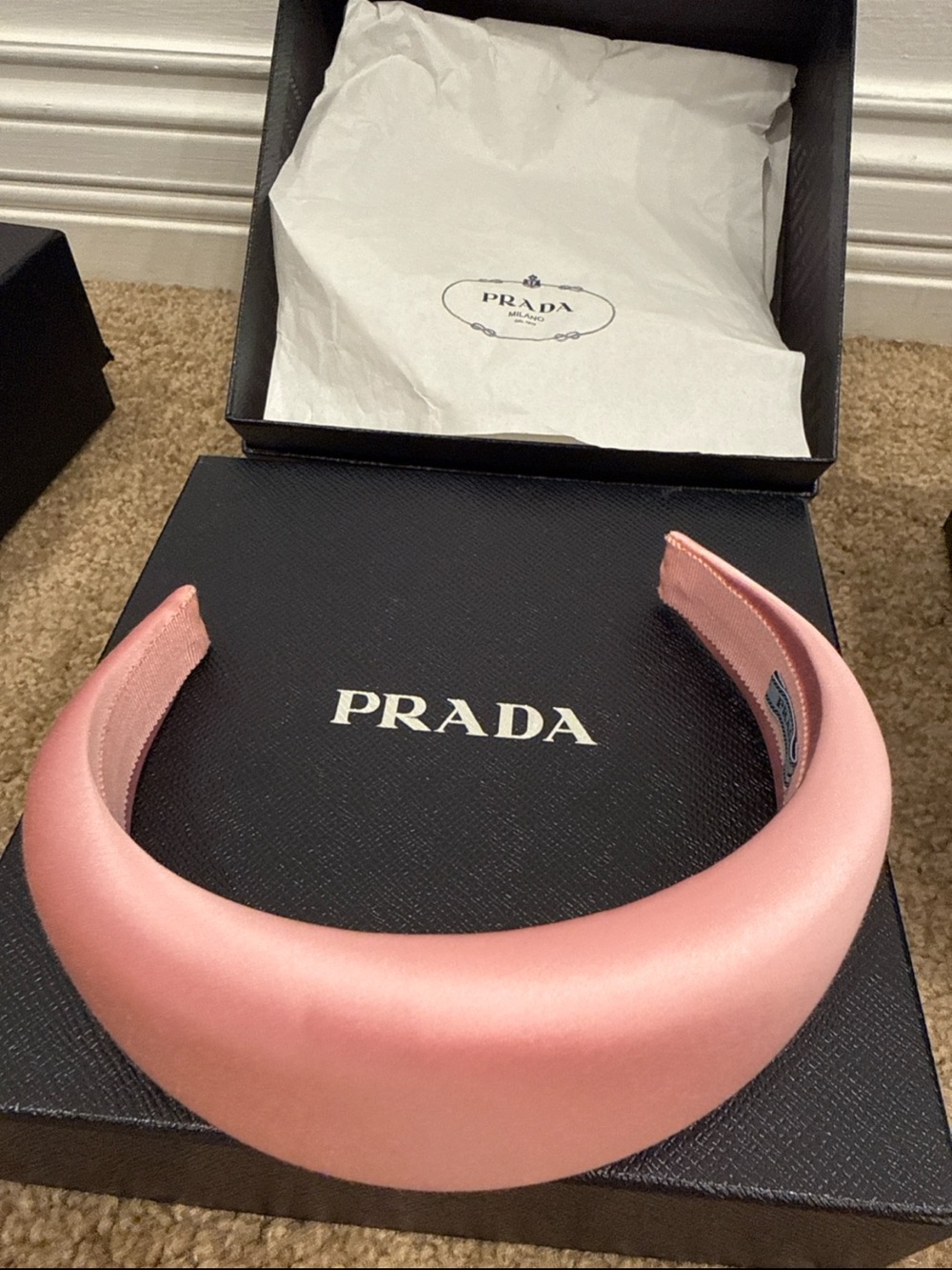 Prada Pink Silk Satin Padded Headband Logo Hair Accessory NIB Box Dust Bag